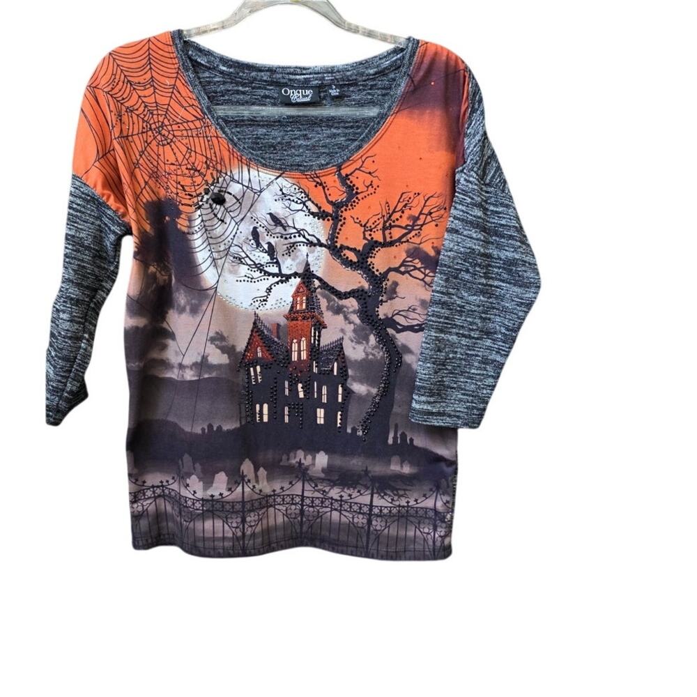 Onque Casuals Halloween Top Beaded Size Small Haunted House Moon